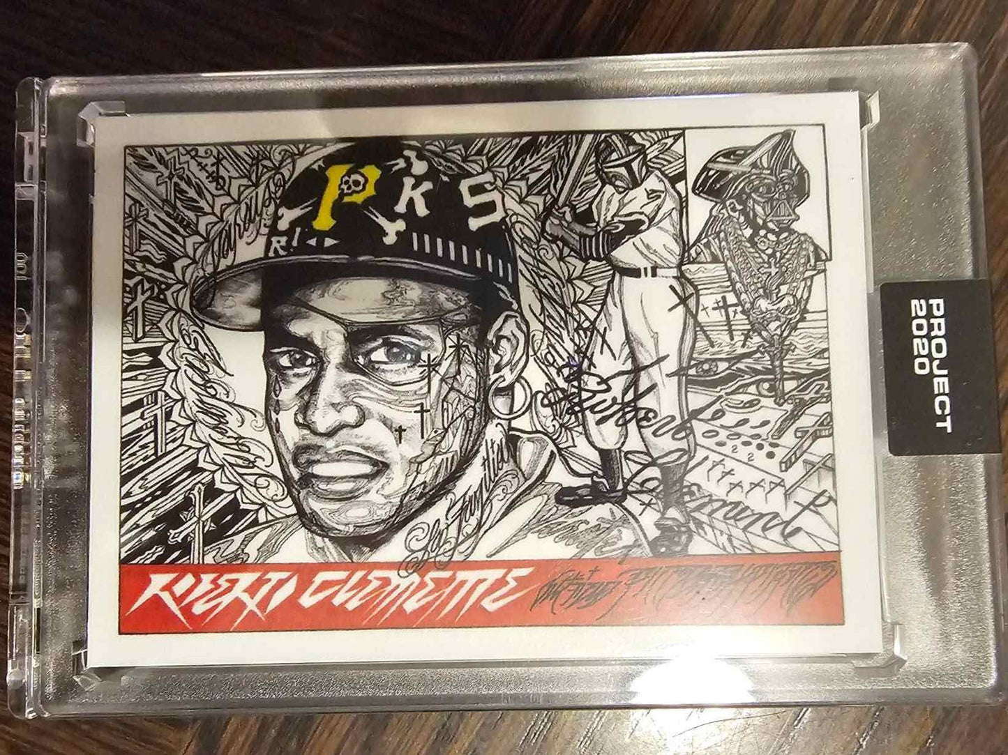 Topps Project 2020 Roberto Clemente rookie card by JK5 with artistic design in protective case.