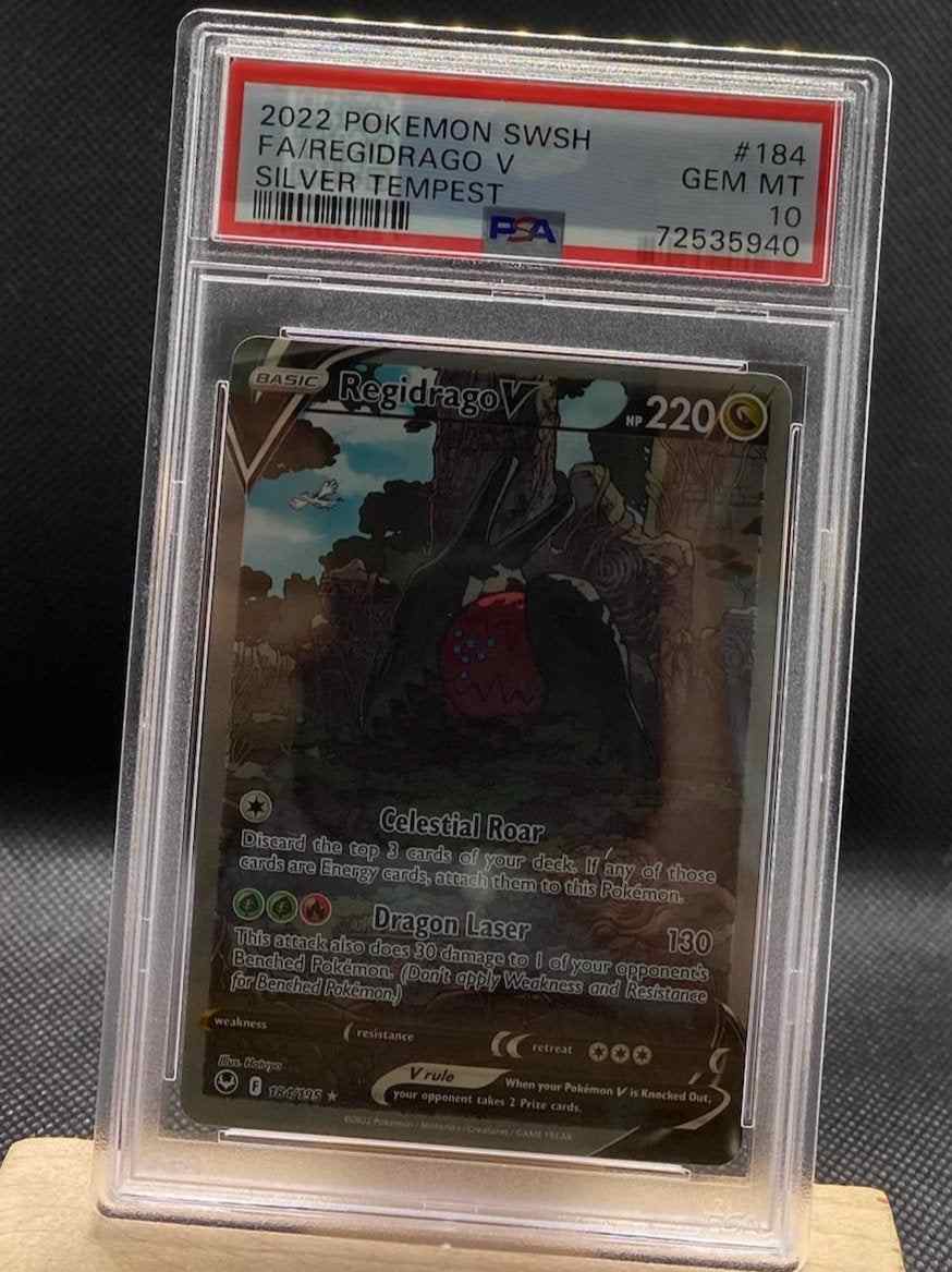 PSA 10 Silver Tempest #184/195 Regidrago V Alternate Full Art card with silver accents.