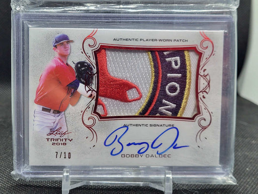 2018 Leaf Trinity 7/10 Bobby Dalbec Sox Patch Auto RC Red Sox collectible card.