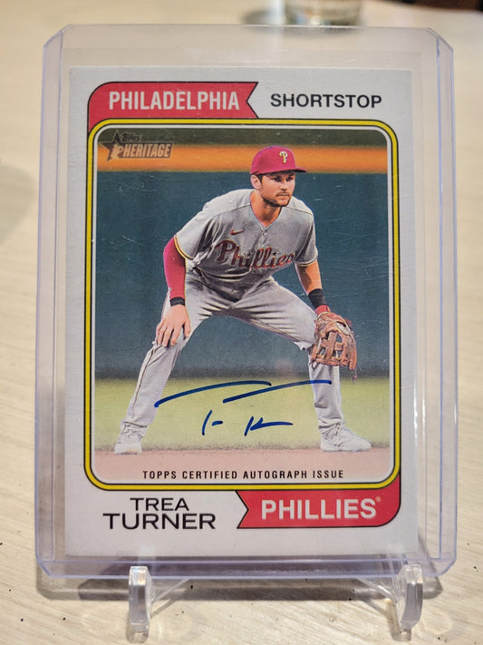 2023 Topps Heritage Trea Turner Phillies trading card showcasing exclusive design.