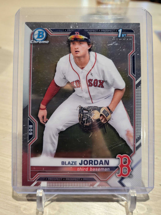2021 Bowman Chrome 1st Bowman Blaze Jordan Boston Red Sox baseball card.