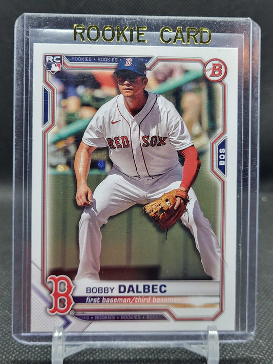 2021 Bowman Base #26 Bobby Dalbec Boston Red Sox Rookie Card in protective sleeve.