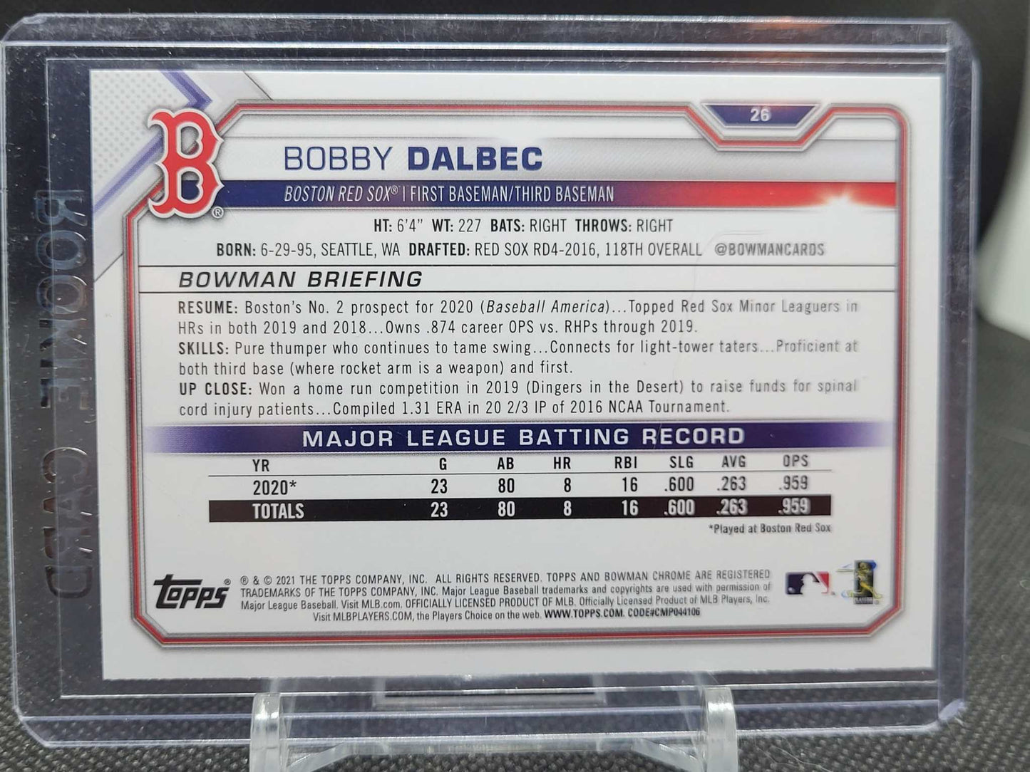 2021 Bowman Base 26 Bobby Dalbec - Boston Red Sox Rookie RC