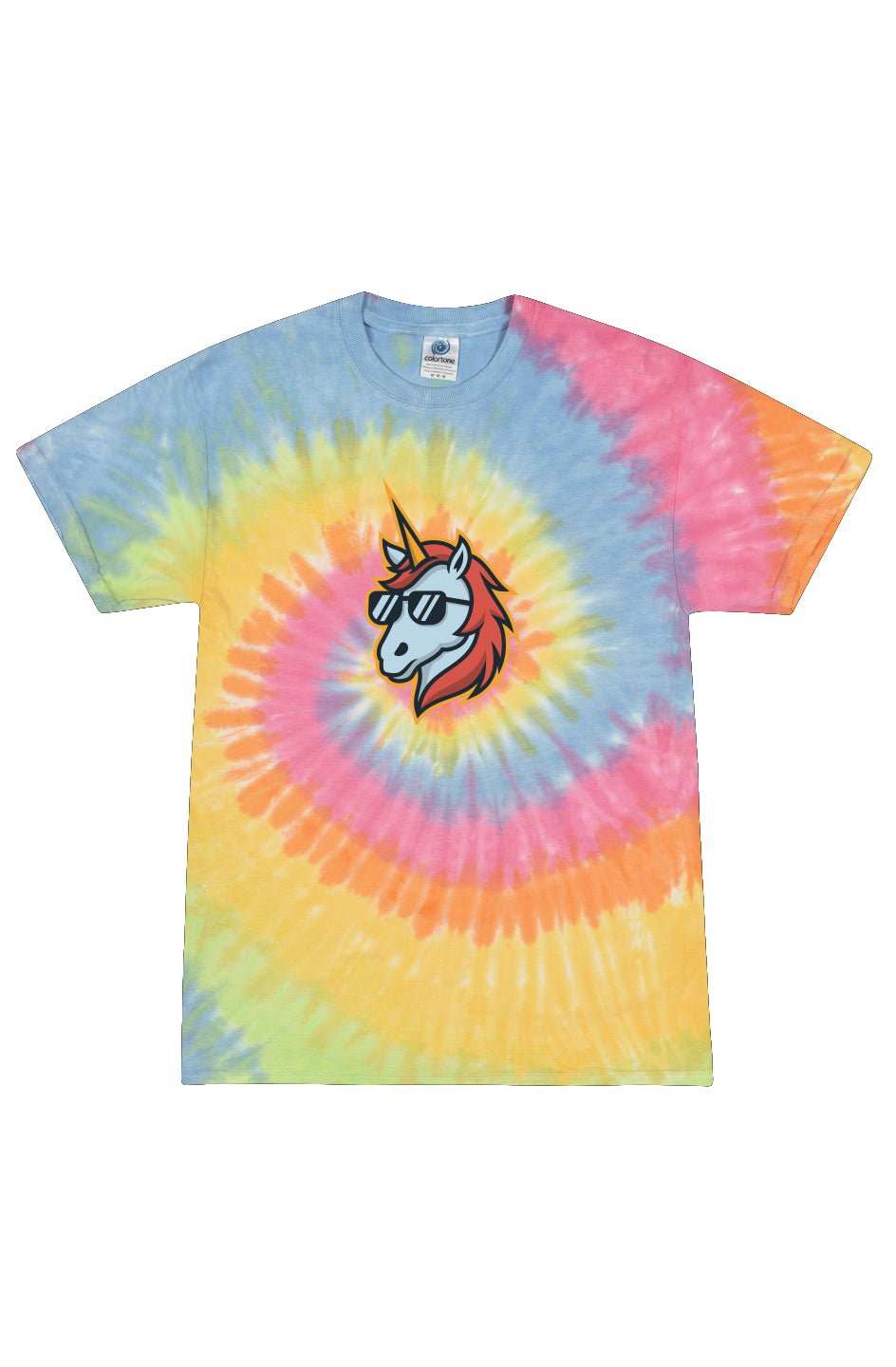 Tie Dye Eternity Adult Tee with Rarity Rack Logo, unique multicolor design, 100% cotton, seamless rib neck.