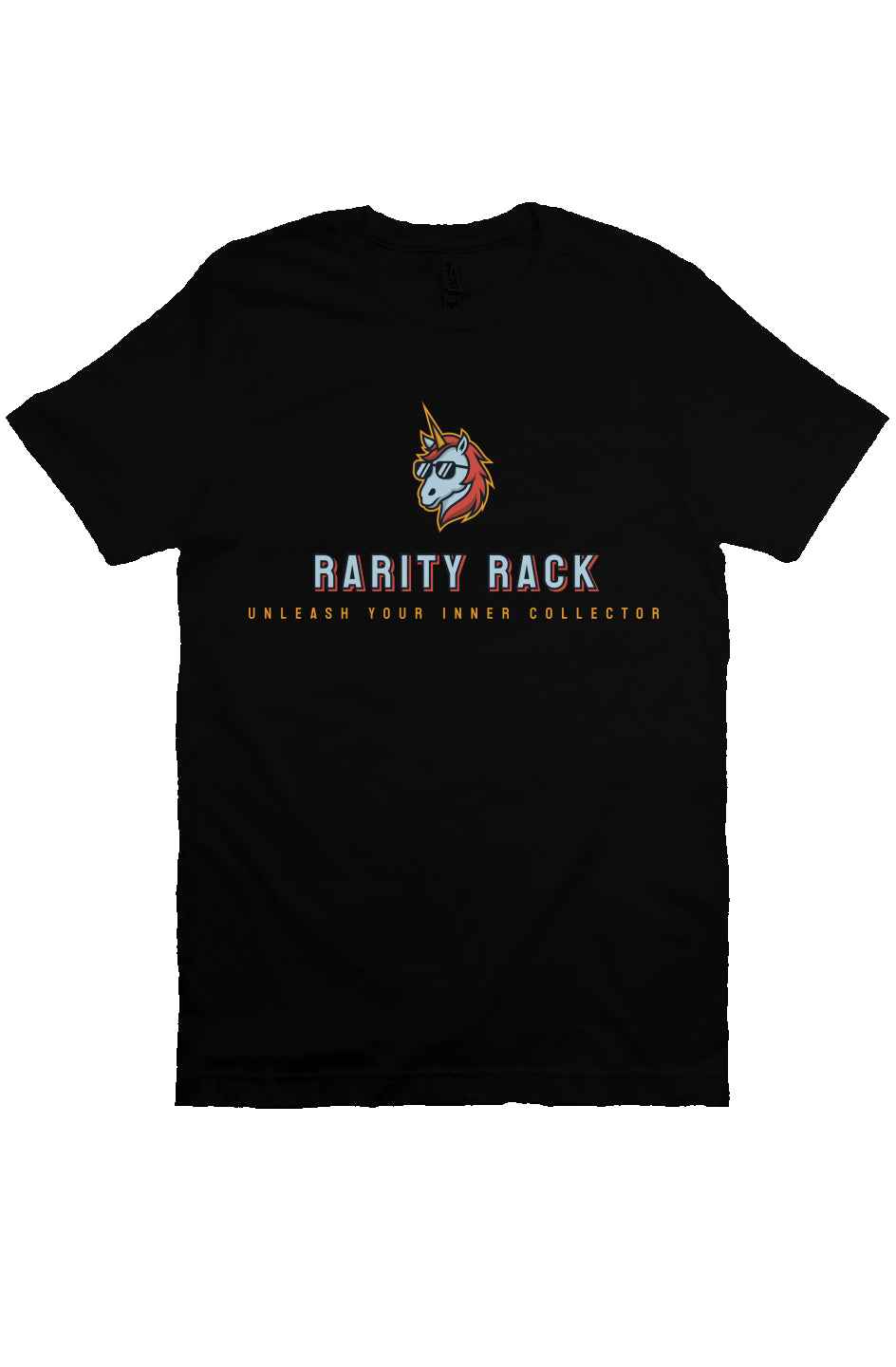 Bella Canvas T Shirt with Rarity Rack logo, unisex fit, black, premium cotton.