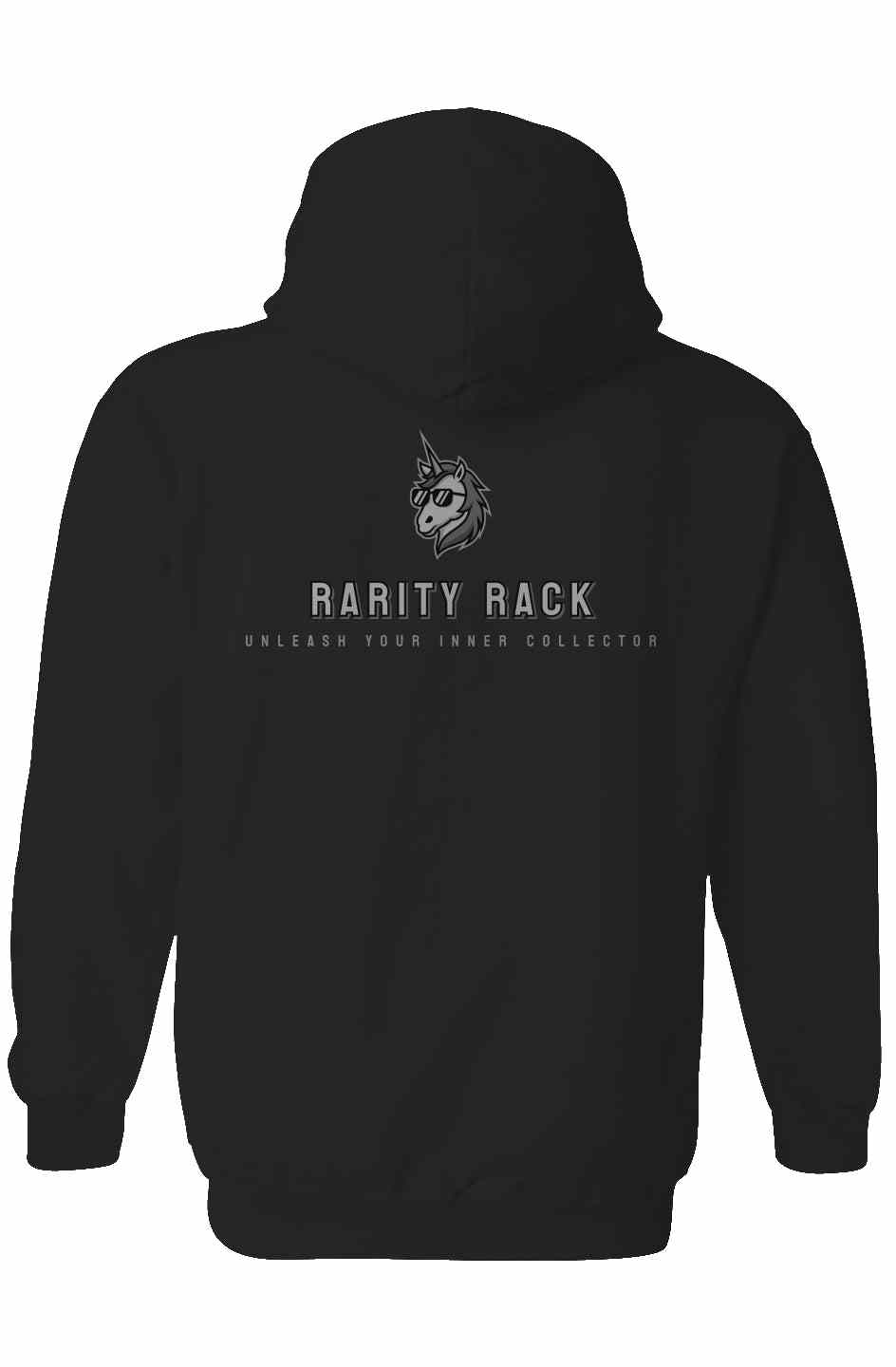 USA-made black pullover hoodie with Rarity Rack logo, featuring a terry interior, lined hood, and relaxed fit.