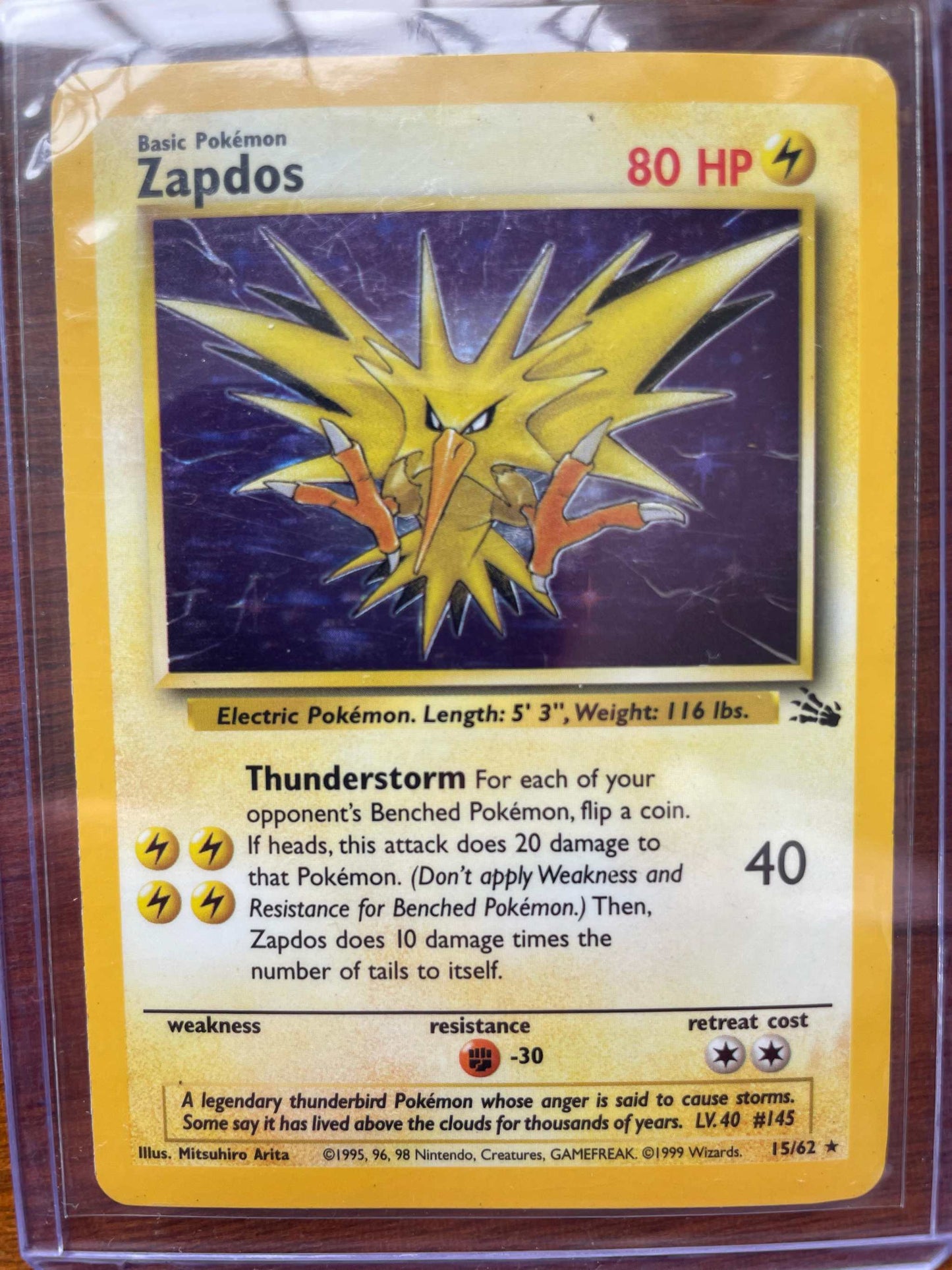Fossil #15/62 Zapdos card, limited edition, electric type, collectible.