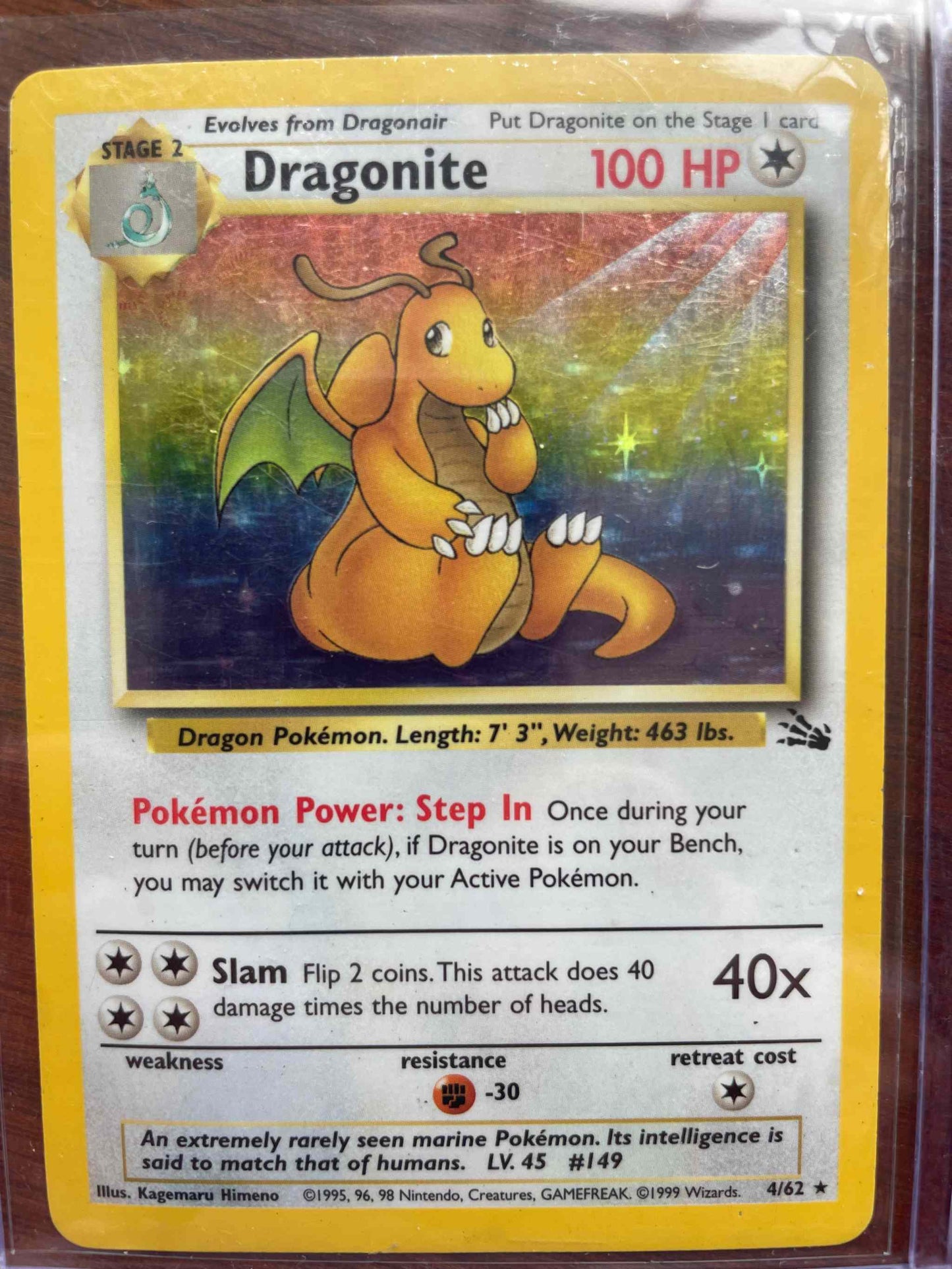 Rare Fossil Dragonite #04/62 Pokémon card collectible.