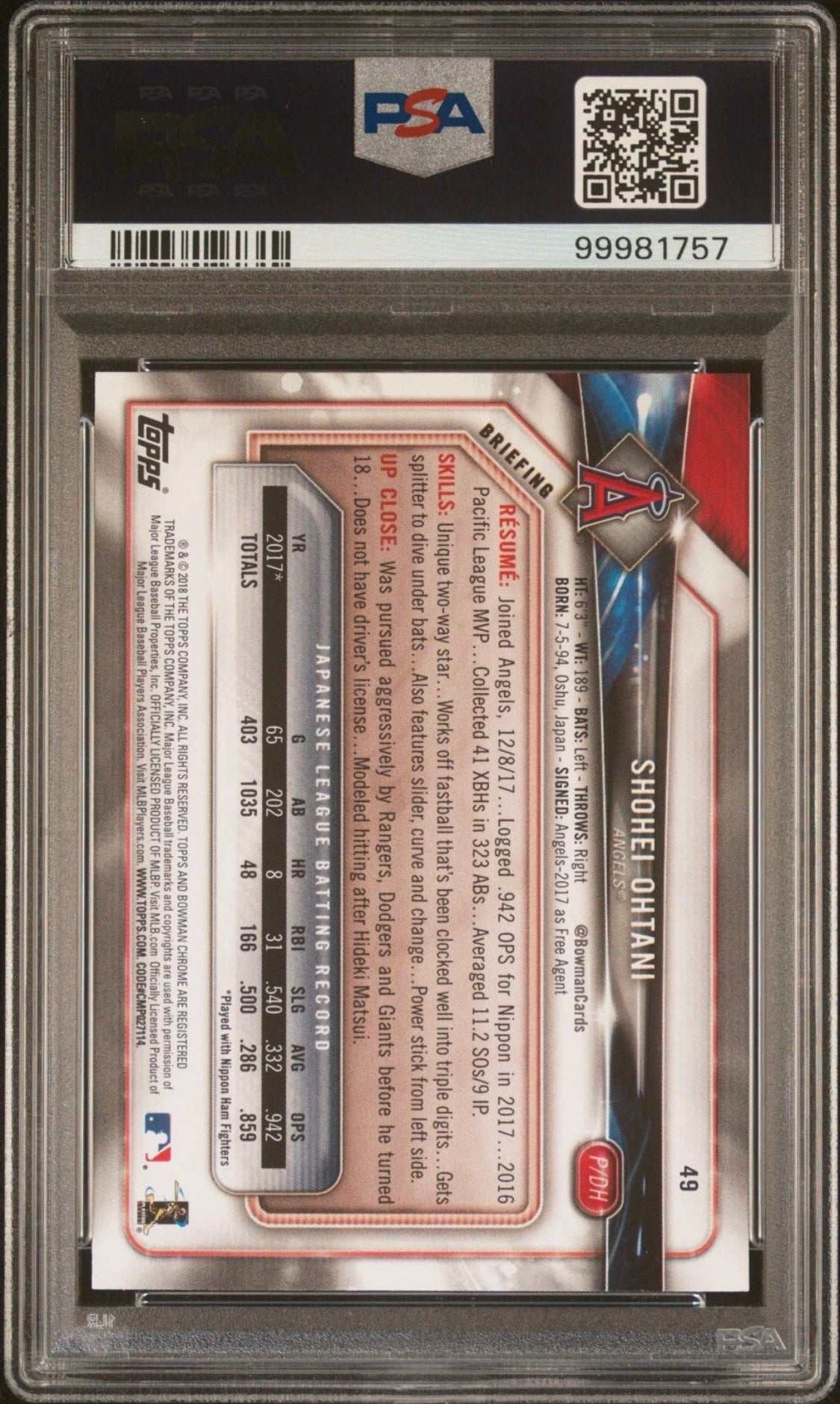 2018 BOWMAN #49 SHOHEI OHTANI ROOKIE RC PSA 7