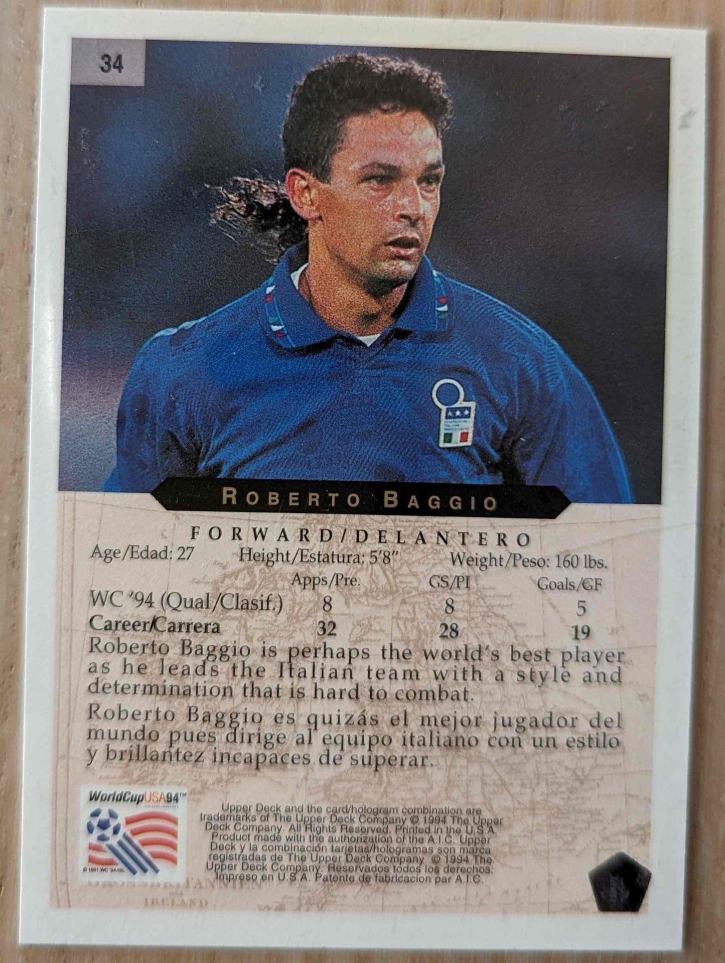 1994 Upper Deck World Cup Heroes card #34 Roberto Baggio Italian soccer player.