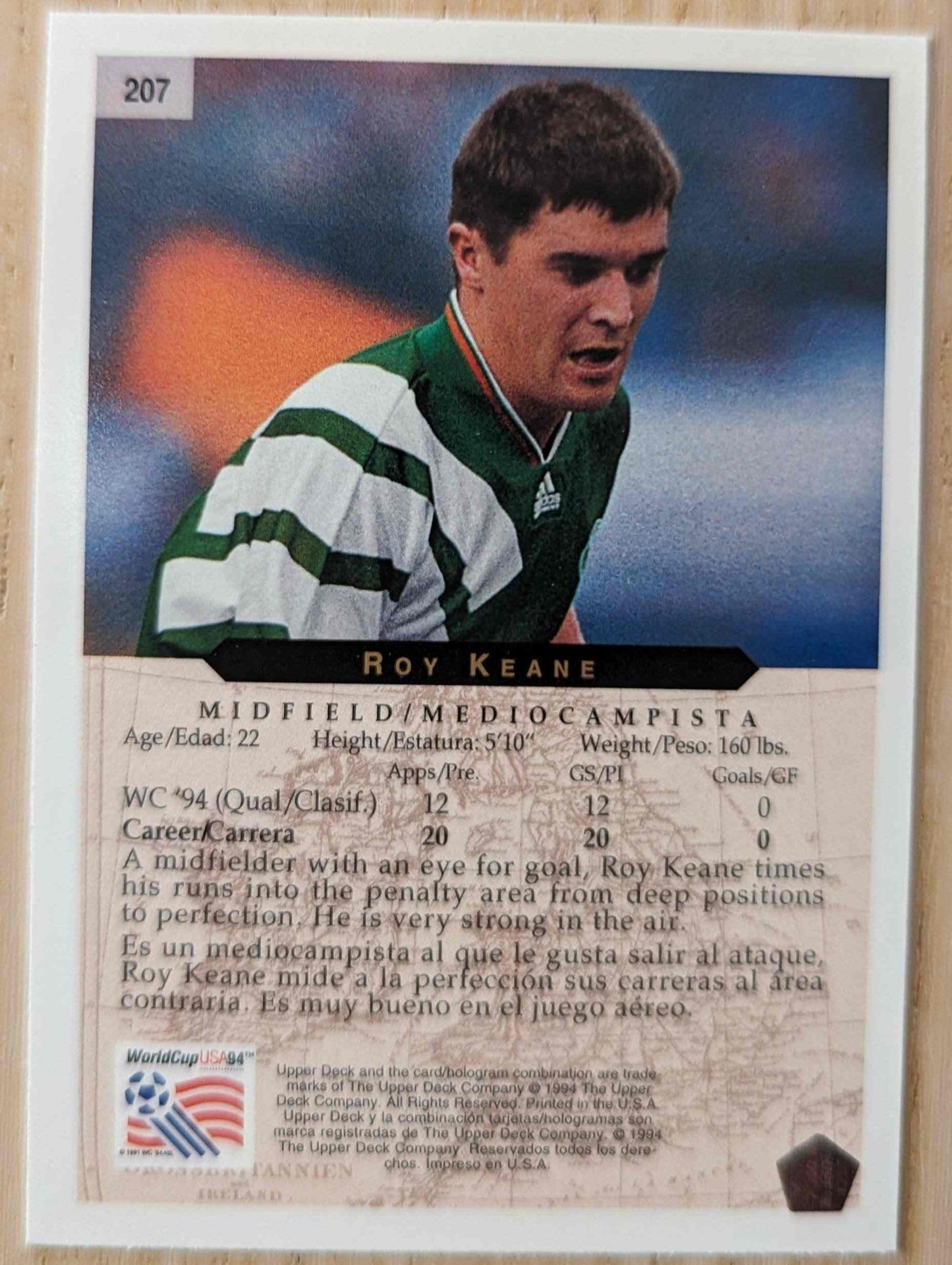 1994 Upper Deck World Cup Soccer card #207 featuring Roy Keane from Ireland.