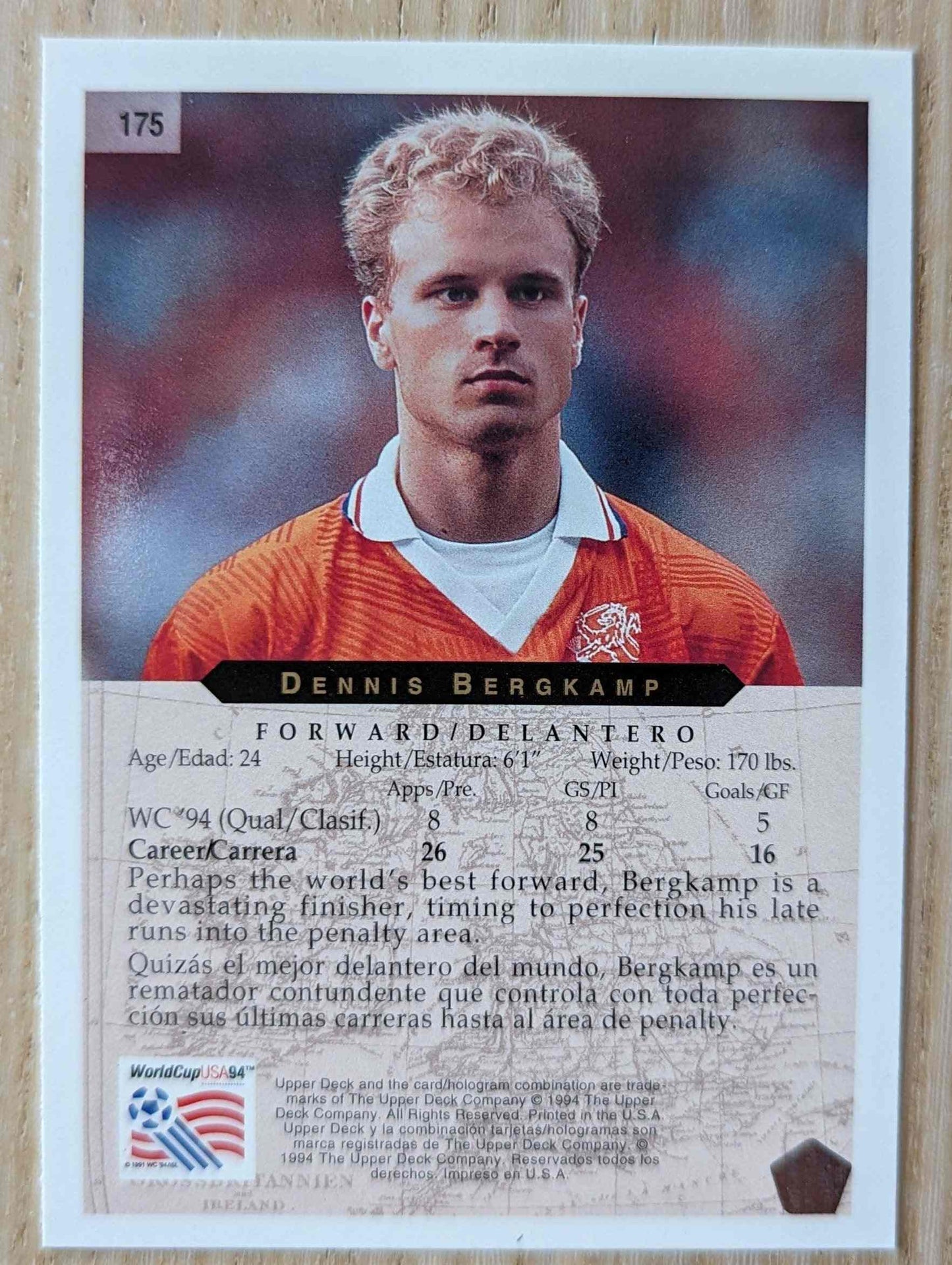 1994 Upper Deck World Cup Contenders Dennis Bergkamp trading card #144.