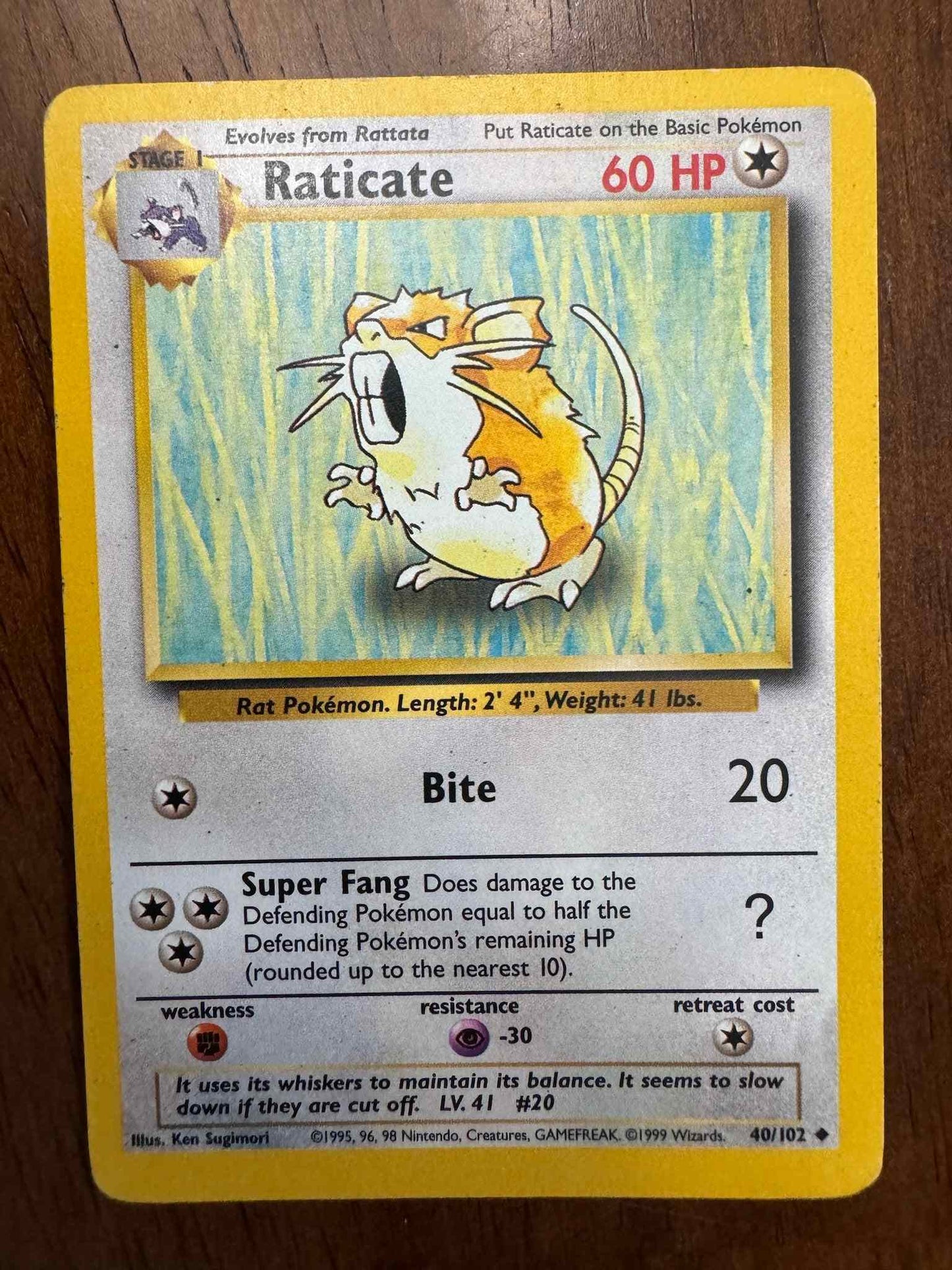 Base Set #040/102 Raticate Pokemon trading card with strong attack and evolution from Rattata.