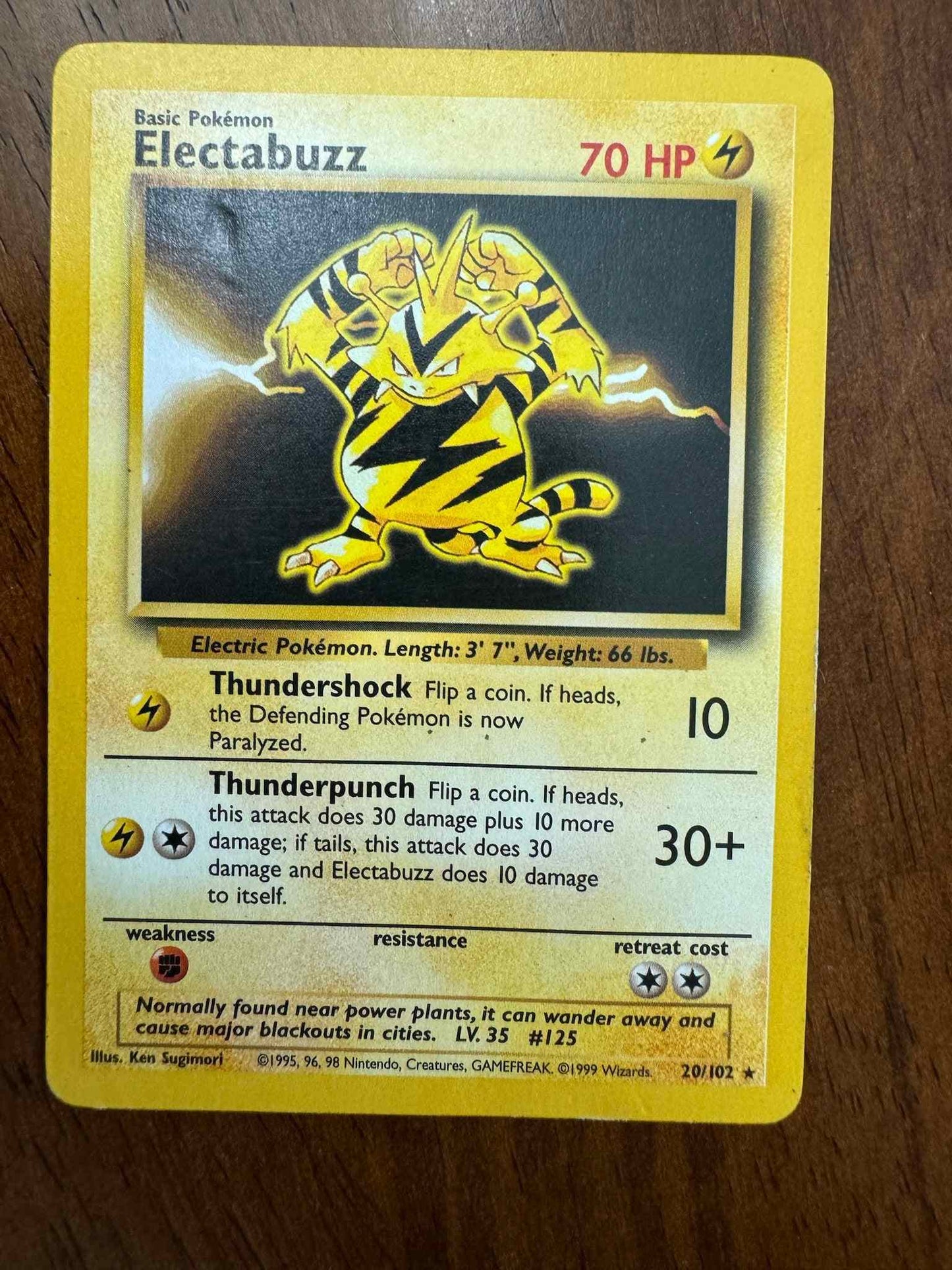 Base Set #020/102 Electabuzz Pokemon card showing design and details.