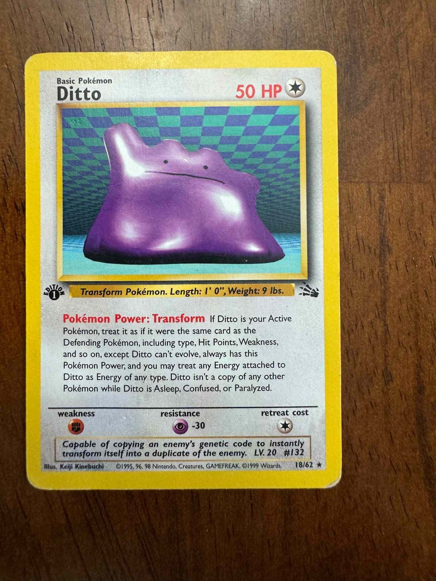 Fossil #18/62 Ditto (18) Pokemon card with transform ability and 50 HP.