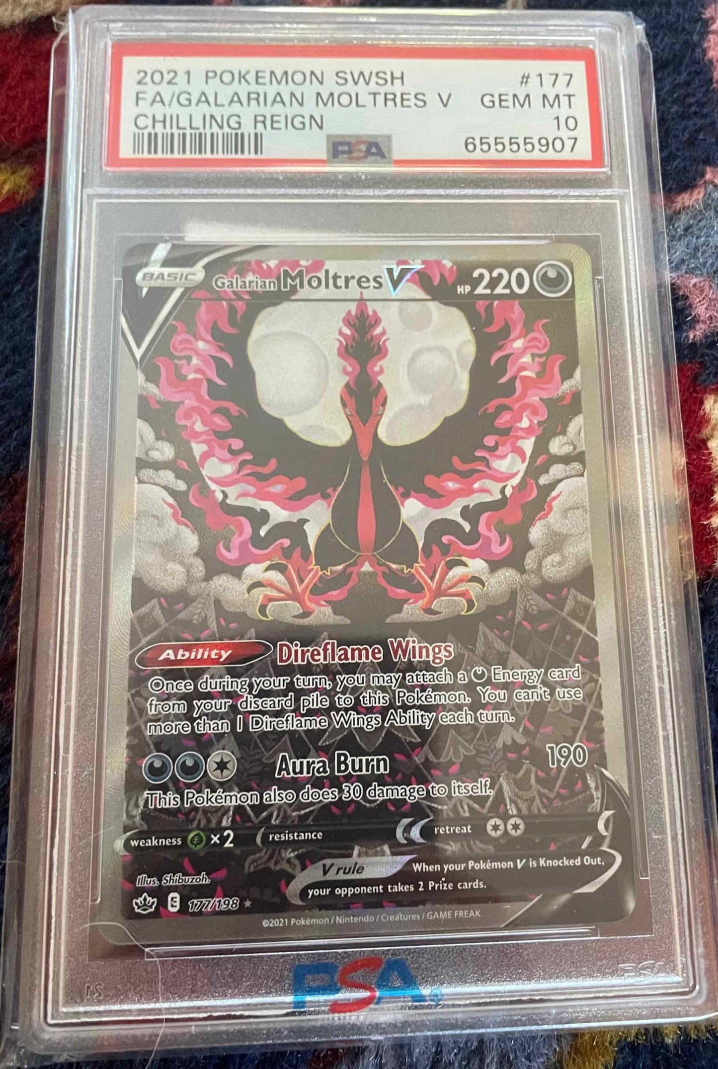 Chilling Reign #177/198 Galarian Moltres V card, alternate full art design in case.
