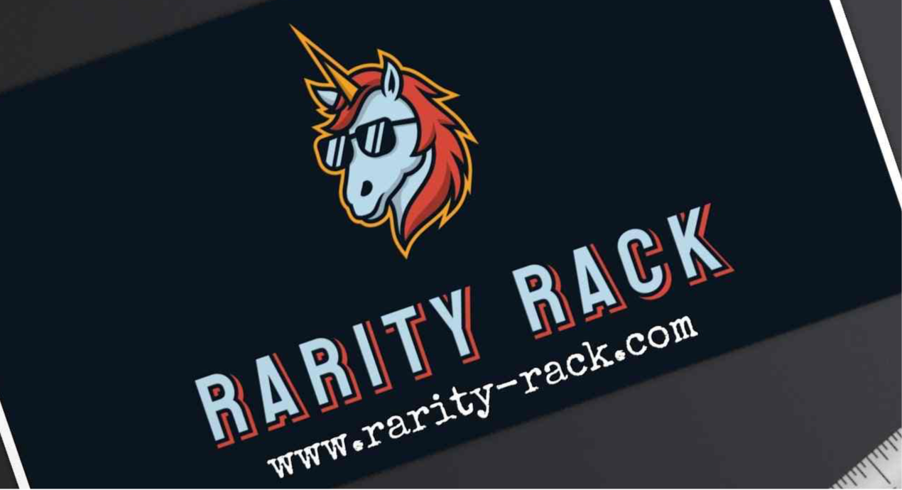 Rarity-Rack.com gift card showcasing unicorn logo and website URL.