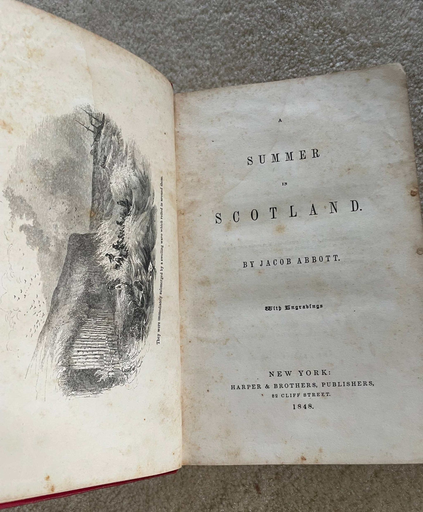 1848 1st Edition JACOB ABBOTT "A Summer in Scotland" by Jacob Abbott with red cover and ornate design.