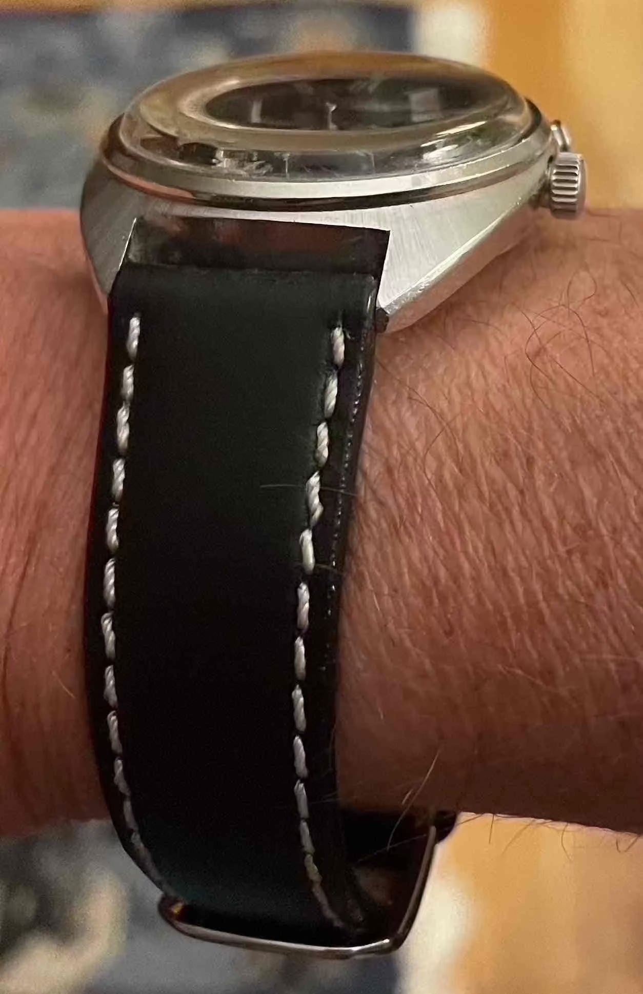 SEIKO BELL MATIC 4005 7000 watch with black leather band and original glass.