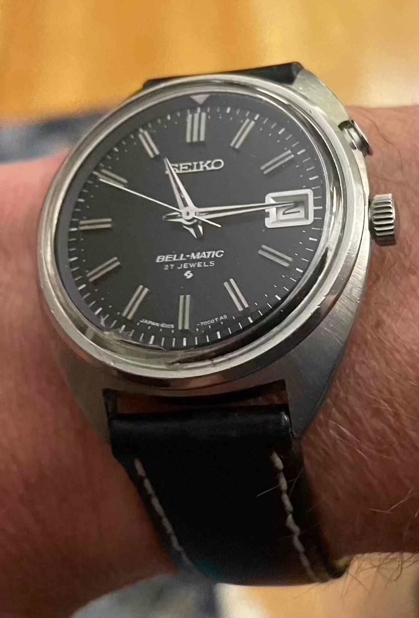 SEIKO BELL MATIC 4005 7000 watch with 27 jewels on black leather band.