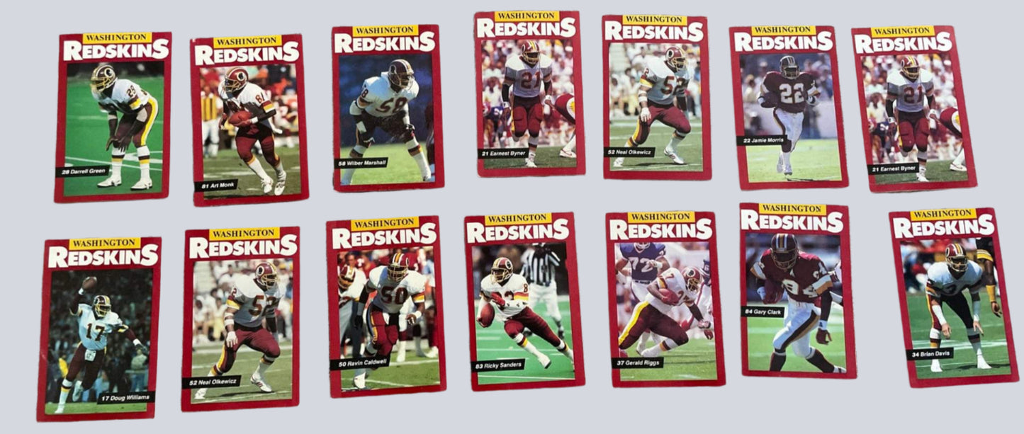 1989 Mobil Fox5 Washington Redskins police cards set of 14, featuring players from the 1989 team, ideal for fans and collectors.