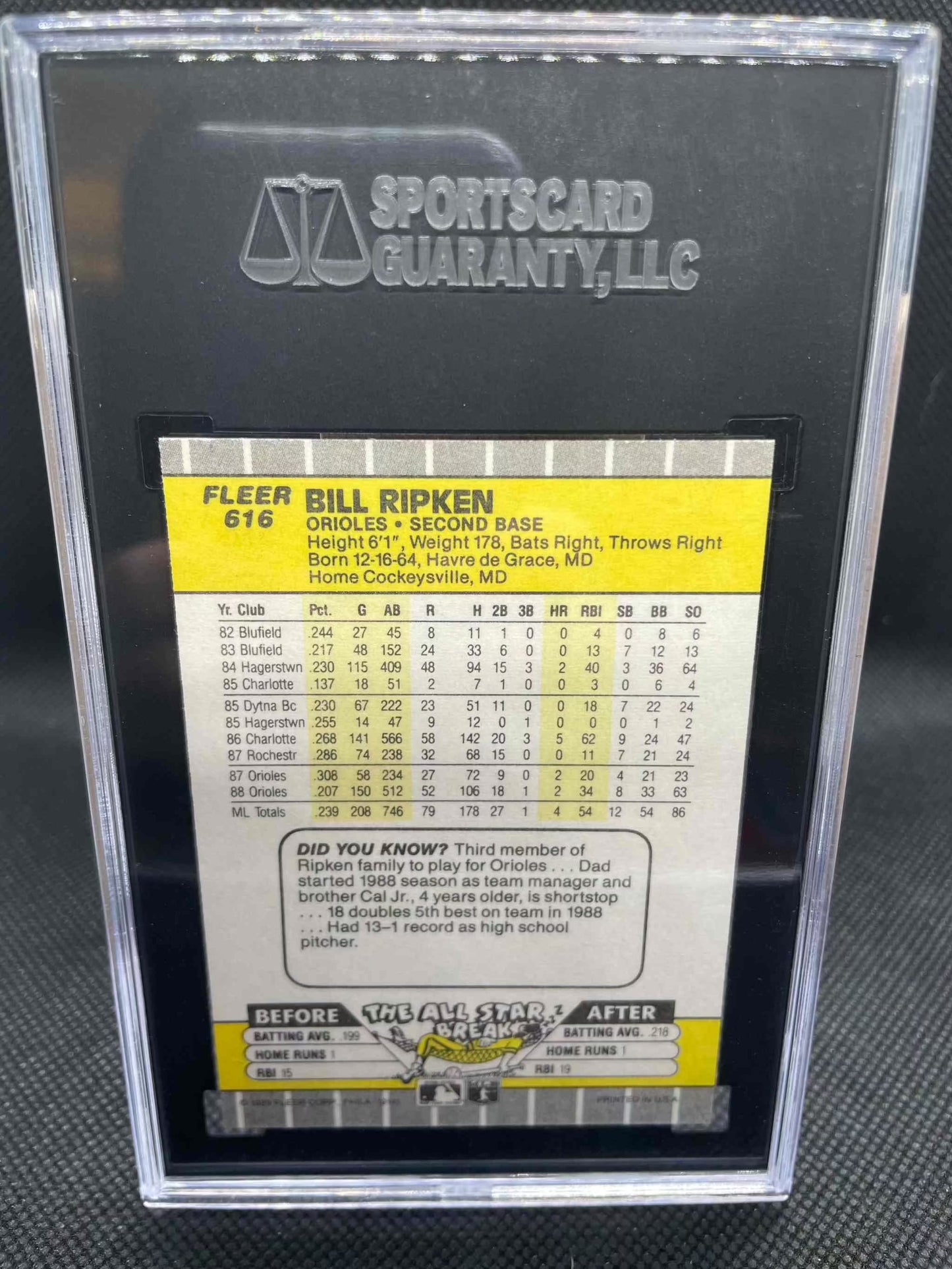 1989 Fleer GLOSSY Bill Ripken FF Black Box Error Card #616 SGC 9 Mint