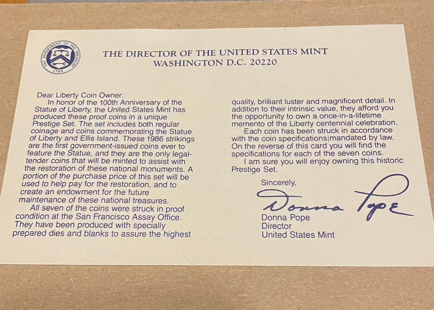 1986 United States Proof Prestige Set with 90% silver coins and Certificate of Authenticity.