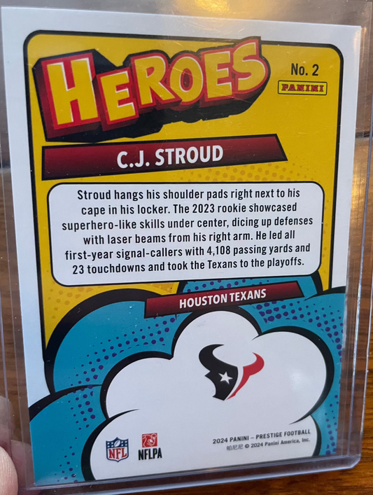 Stroud 2024 Panini Prestige Heroes #2 Houston Texans card featuring NFL player C.J. Stroud.