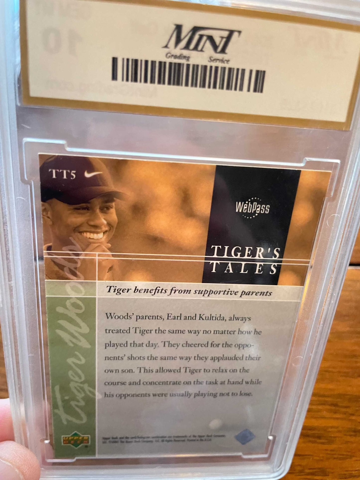 2001 Upper Deck Golf Tiger Woods Rookie Tiger's Tales RC TT4 Graded 10 Card.