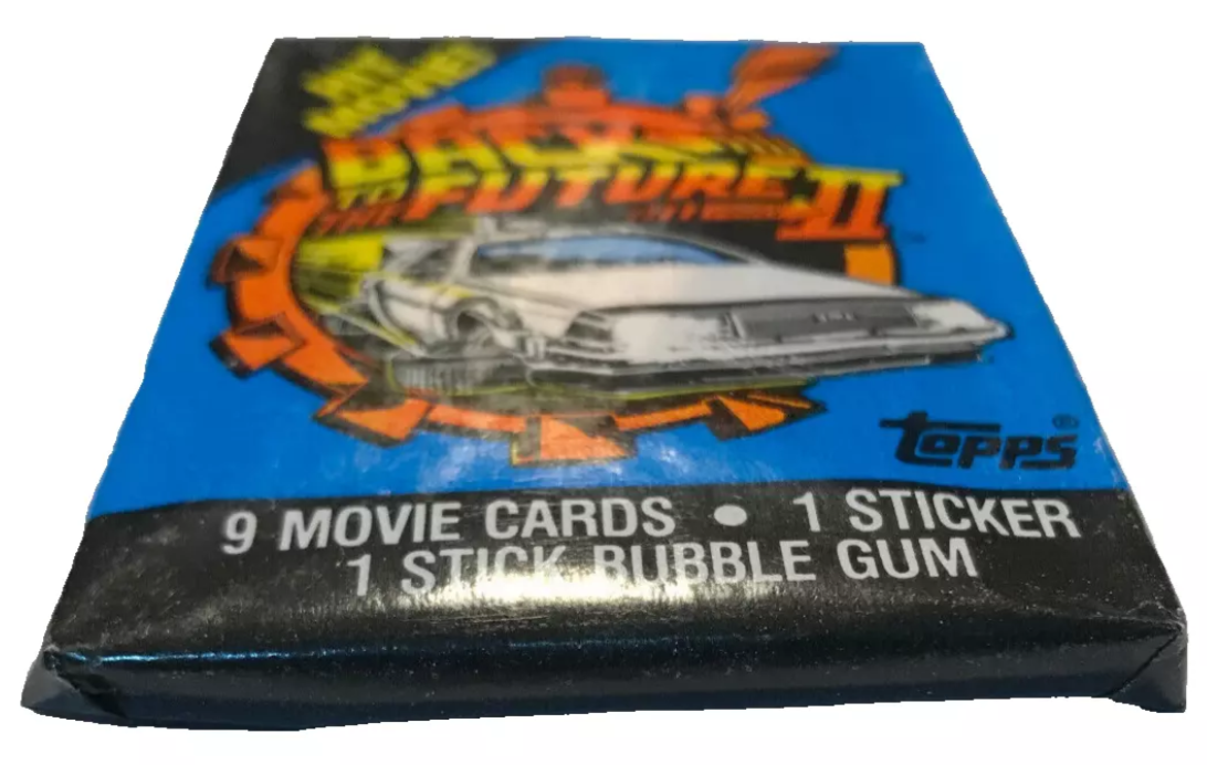 1989 Topps Back to the Future 2 wax pack with 9 cards and 1 sticker.