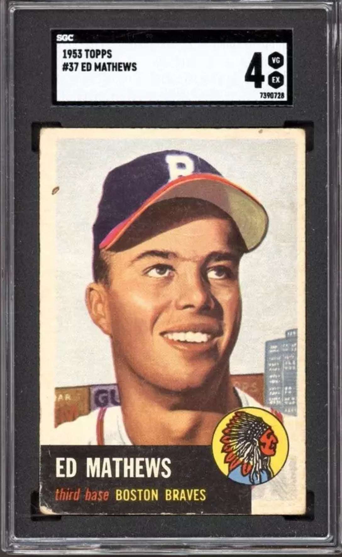 Eddie Mathews BRAVES 1953 Topps 37 SGC 4 VG EX Card Rarity Rack Eddie mathews braves 1953 topps 37 sgc 4 vg ex card rarity rack