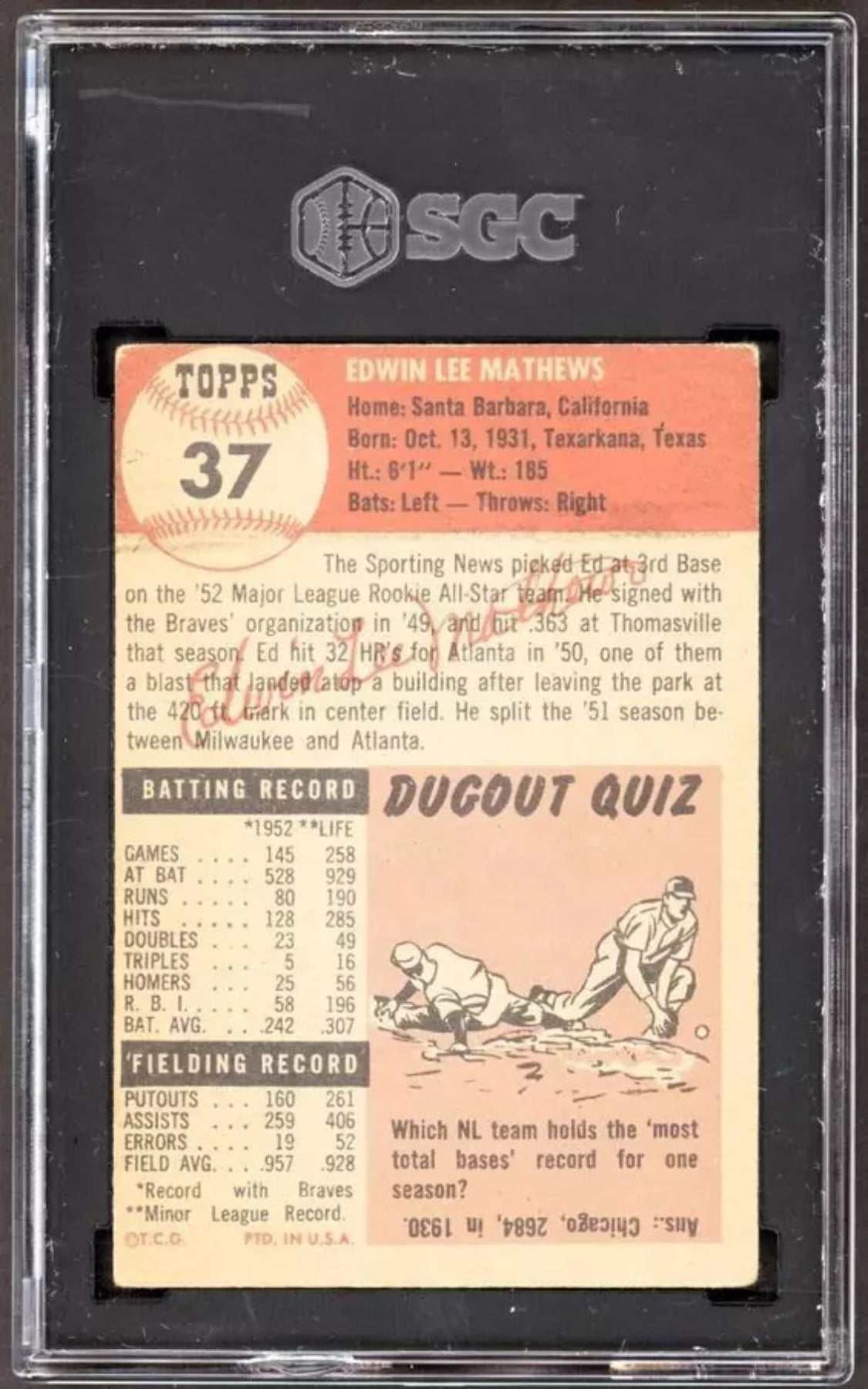 1953 Topps #37 Eddie Mathews Braves trading card SGC graded VG/EX.