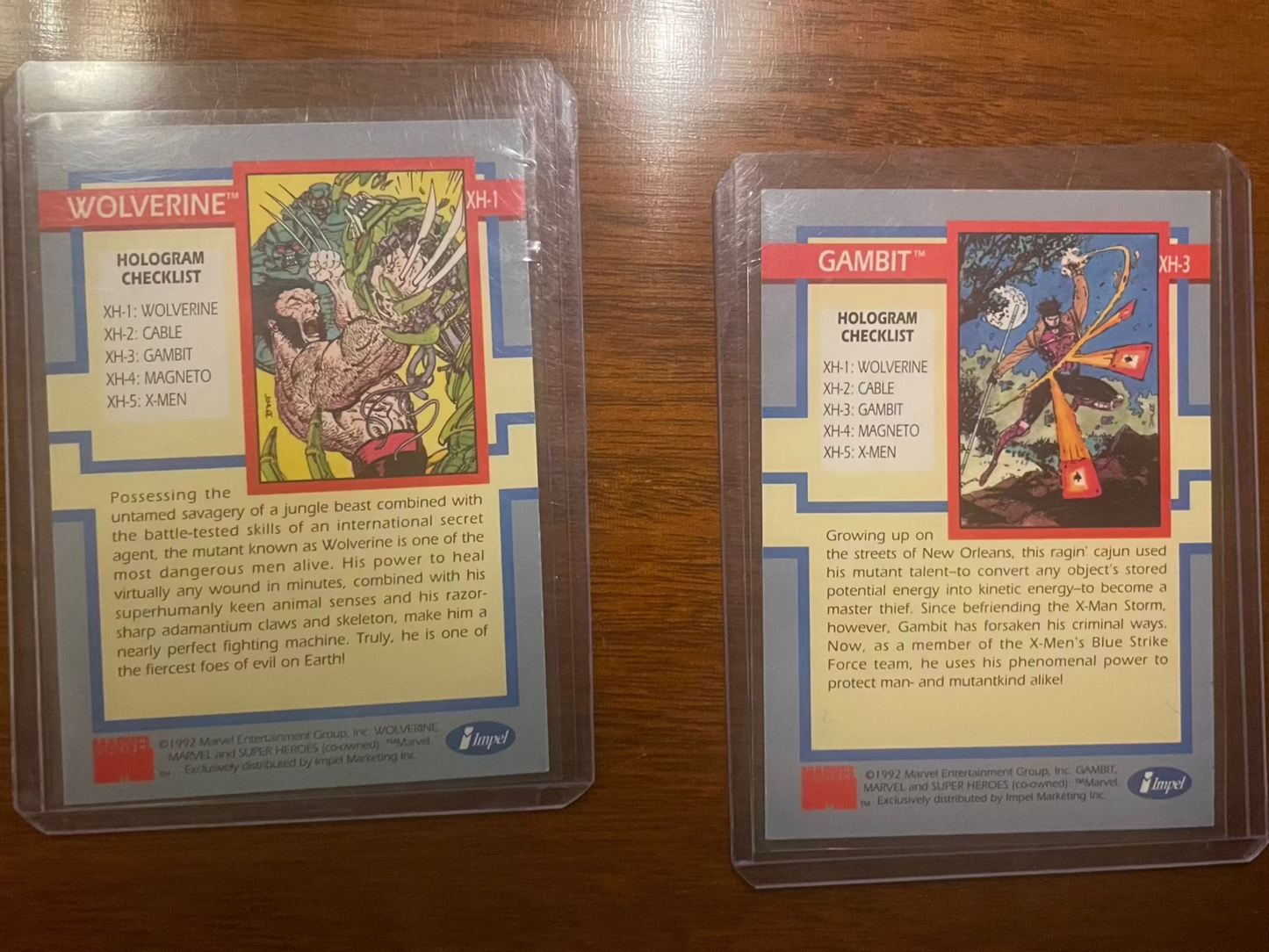 1992 Impel Marvel Universe Series 1 Hologram Cards: Wolverine #XH-1 and Gambit #XH-3 Inserts, rare collectors' items.