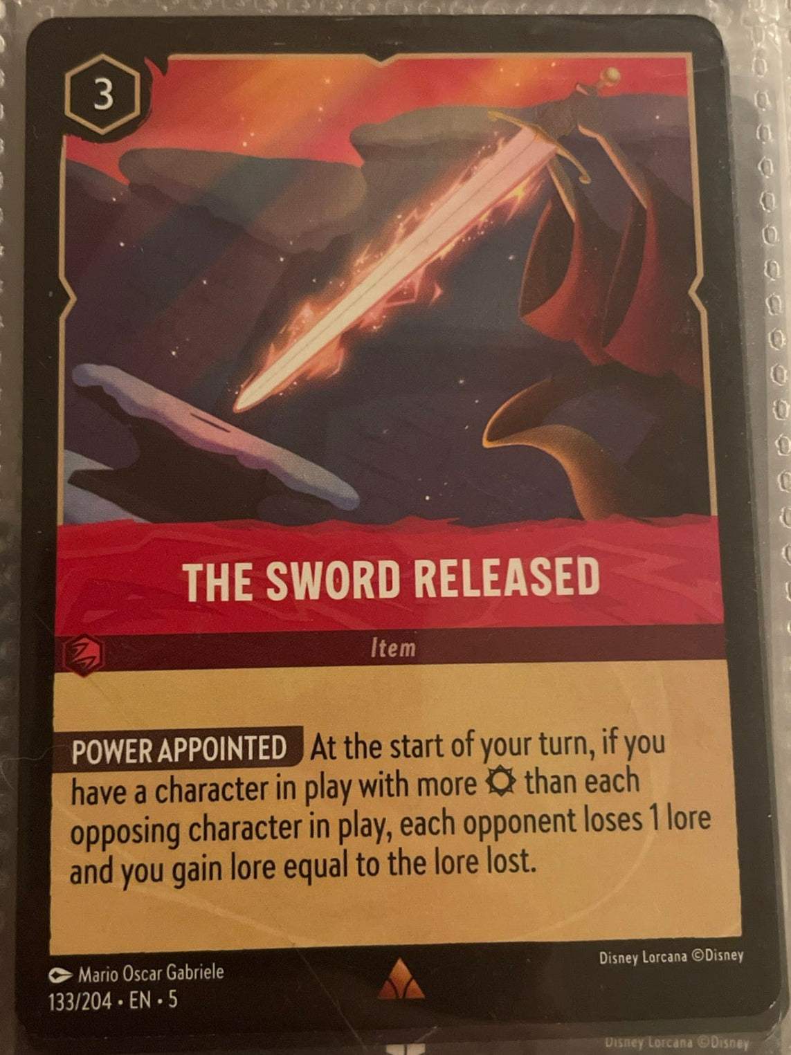 Disney Lorcana The Sword Released card from Shimmering Skies set, Rare non-foil item showing a legendary sword with Power Appointed ability