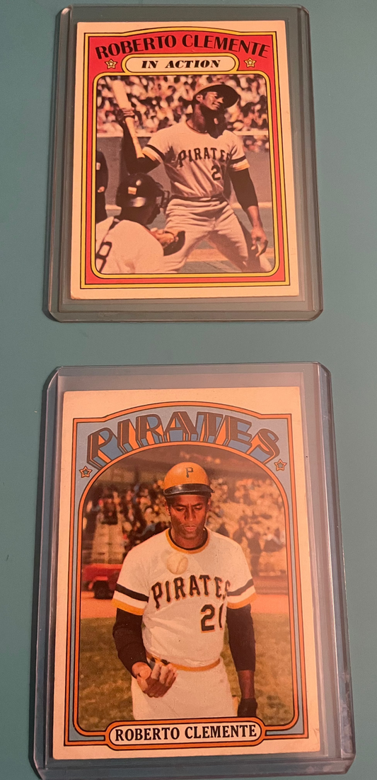 Clemente 1972 Topps #309 In Action and #310 Base Cards, Pittsburgh Pirates.
