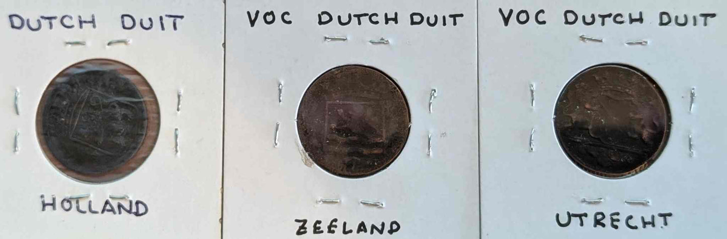 Colonial New York VOC Duit Trio in VG/G condition, featuring Dutch East India Company copper coins from 1750, 1780, 1781.