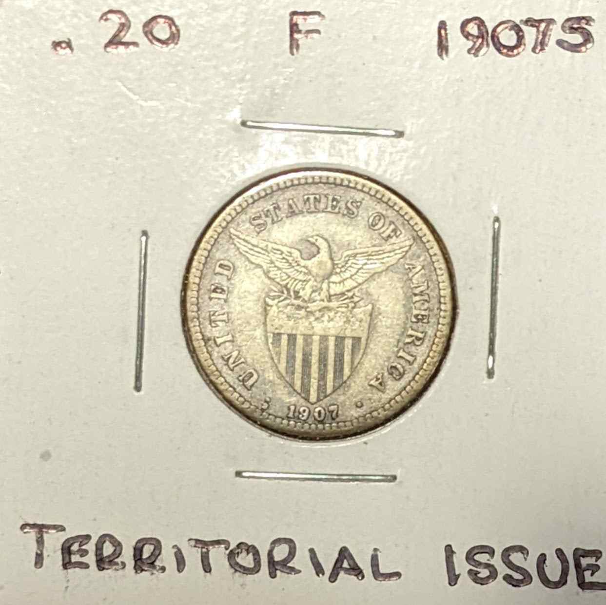 1907 Philippine twenty-cent piece coin, territorial issue, rare collectible.