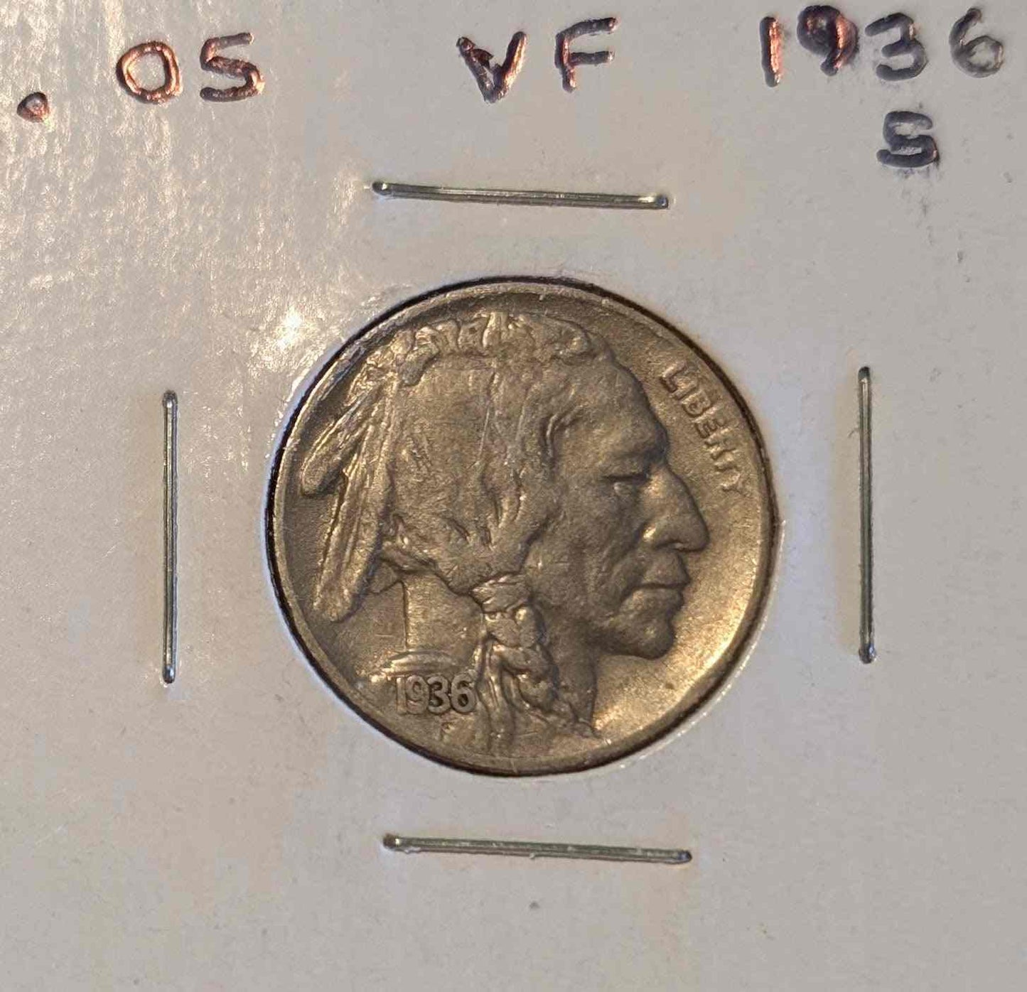 1936 S Buffalo Nickel in very fine condition for coin collectors.