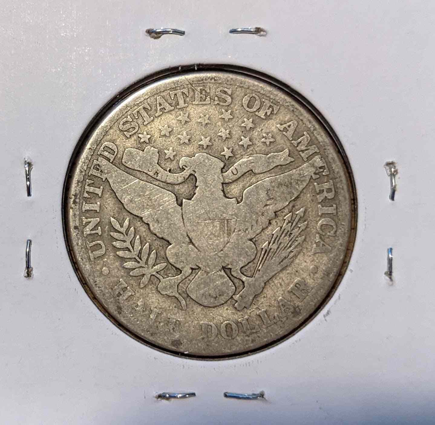1912 Barber Half coin, 90% silver, historic design.