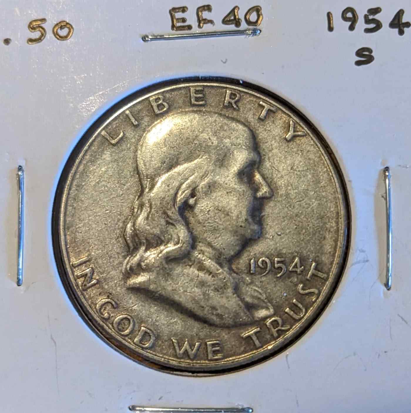 1954 S Franklin Half Dollar coin, rare collectible, silver composition.