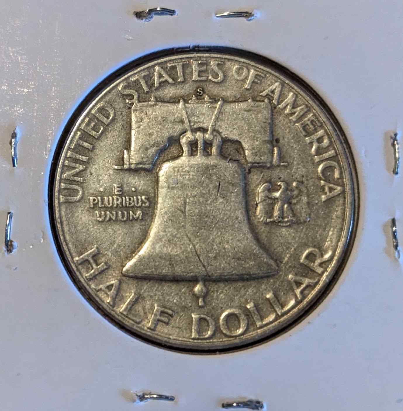 1954 S Franklin Half Dollar coin, silver, American historical collectible.