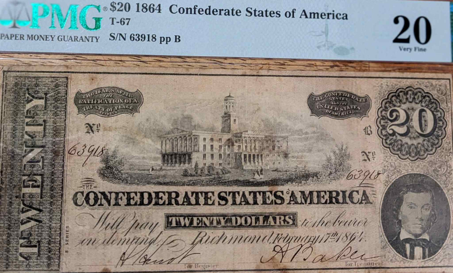 1864 Confederate States $20 bill in very fine condition, rare Civil War-era paper currency.