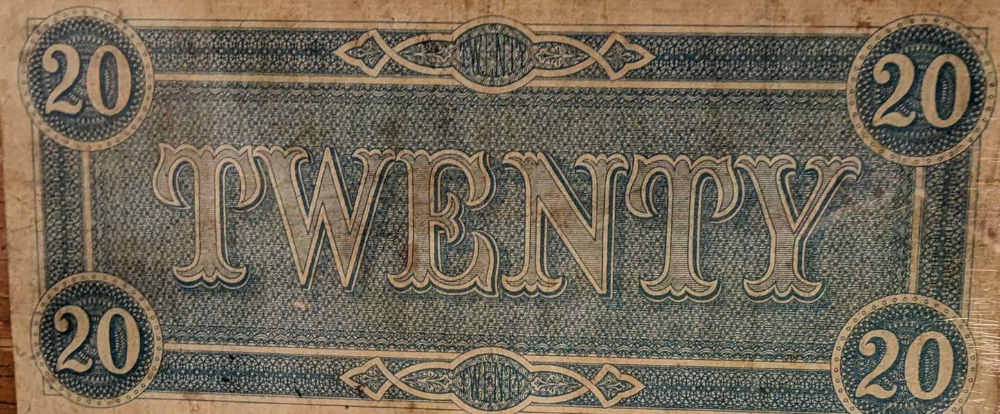 1864 Confederate $20 bill, very fine condition, rare historic paper currency.