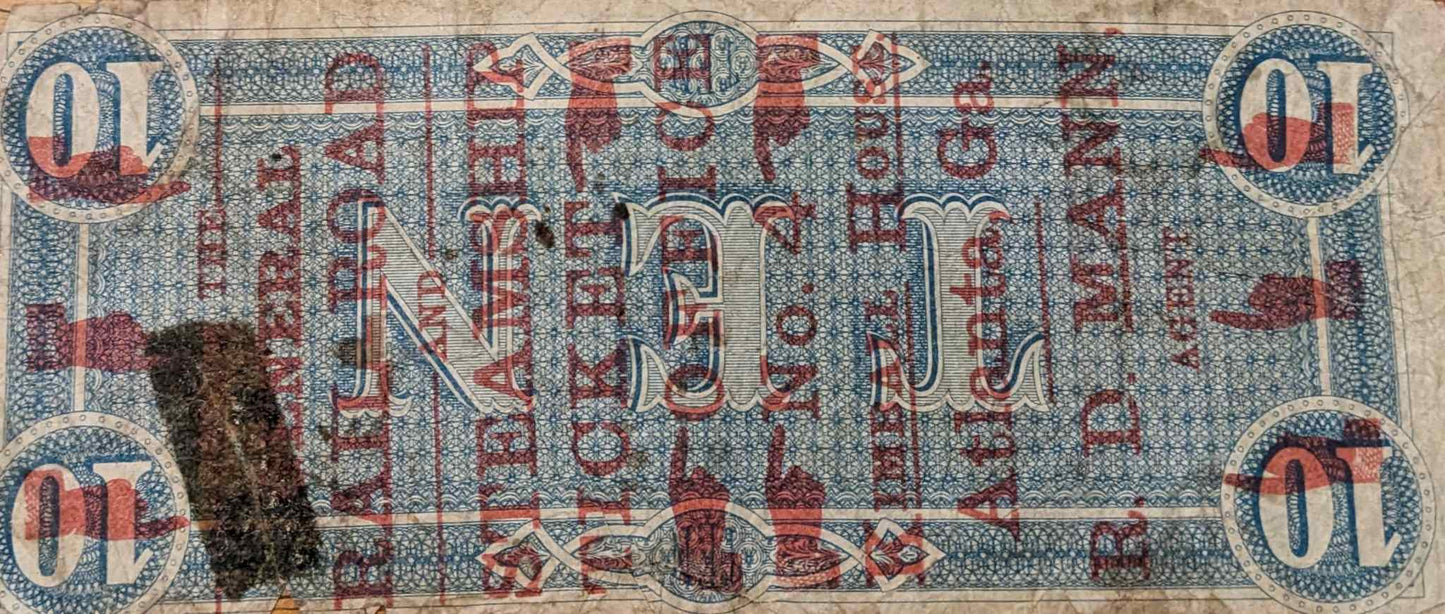 1864 Confederate States of America $10 bill in good condition, rare historical currency.