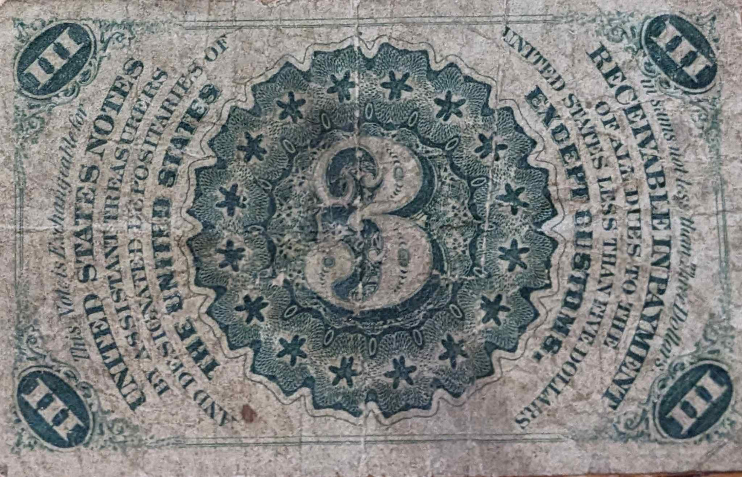 1863 US 3 Cents Fractional Currency, historical collectible.