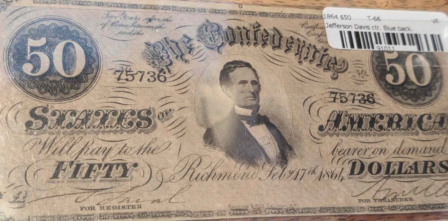 1864 Confederate States of America $50 bill in fine condition, historic currency.