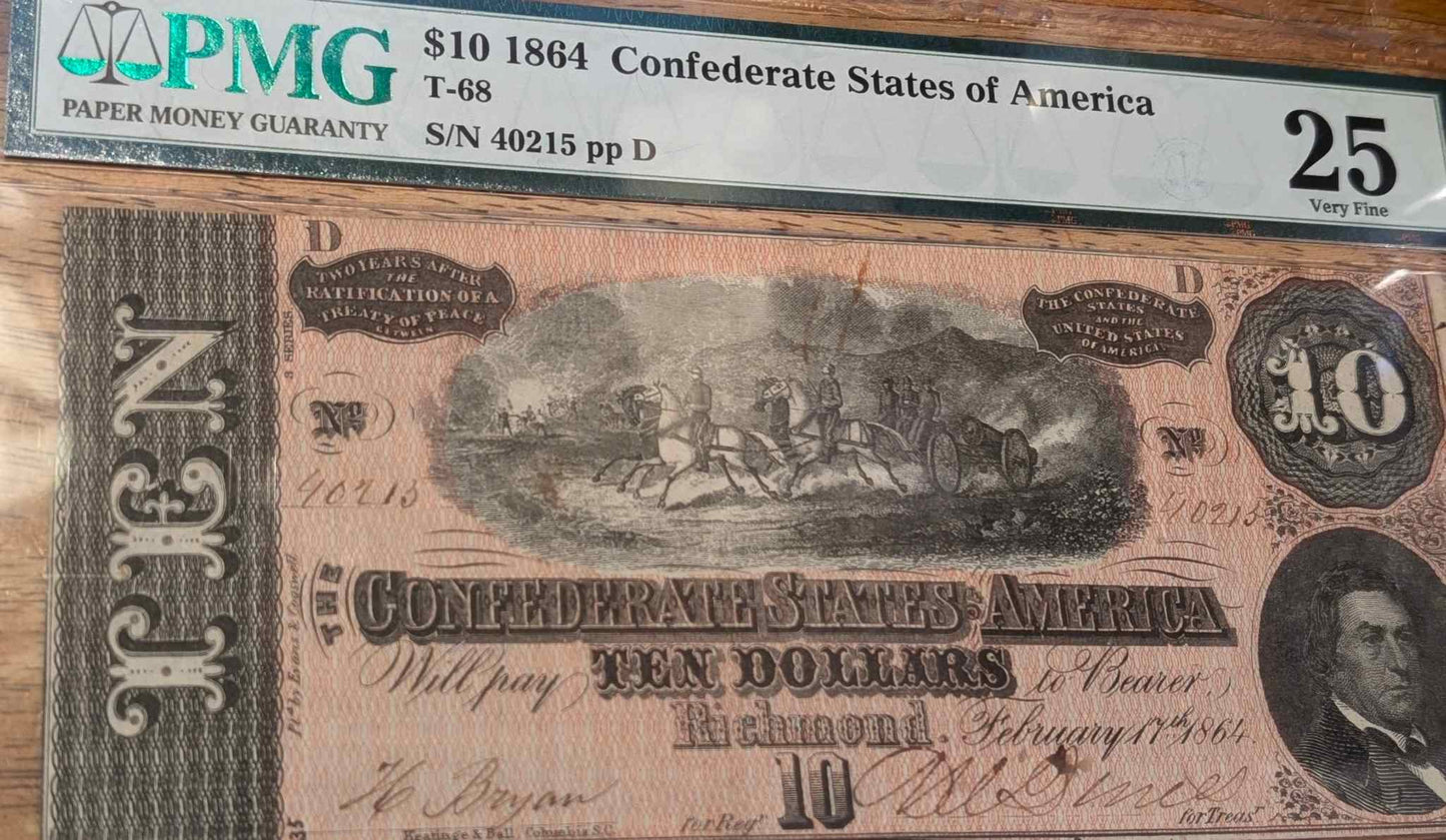 1864 Confederate States $10 bill VF25, rare paper currency collector's item.