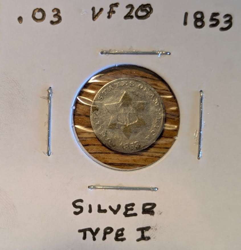 1853 Star and Shield three cent silver coin, Very Fine condition, obverse star design visible.