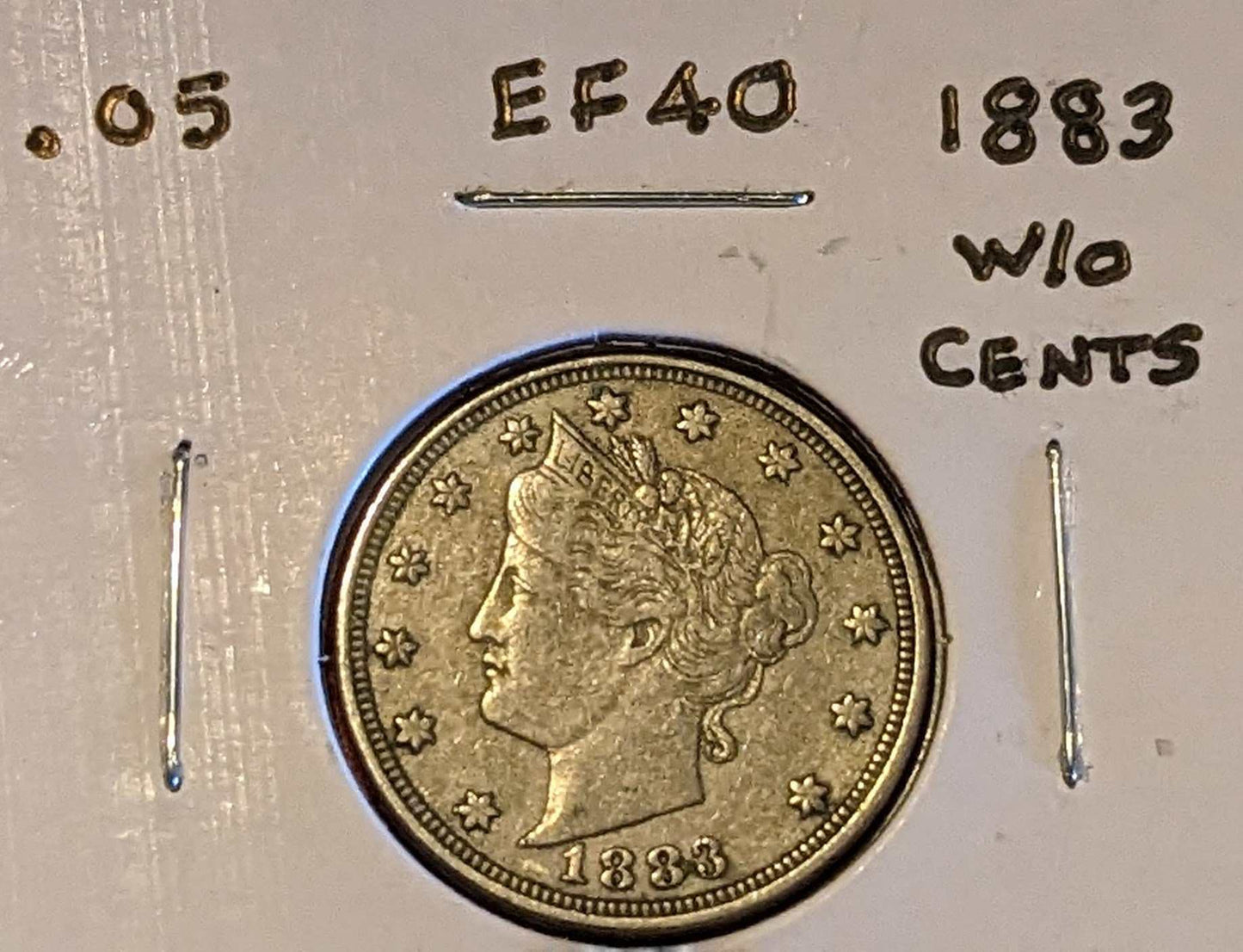 1883 Liberty Head Nickel coin without cents in EF40 condition showing Liberty profile and stars