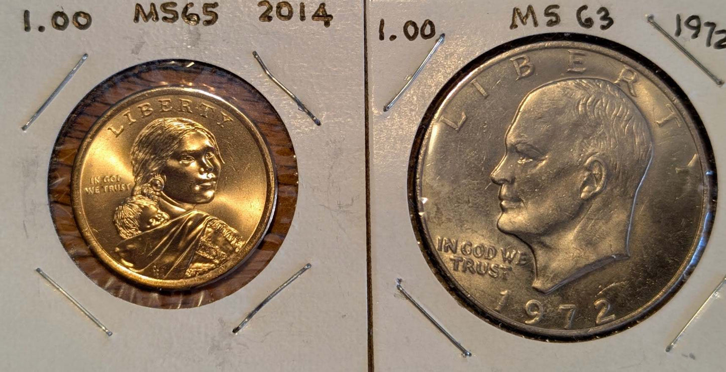 2014 Sacagawea $1 & 1972 Eisenhower $1 – MINT Pair